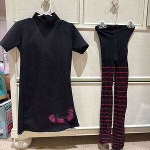 Black Dress and Striped Leggings Set